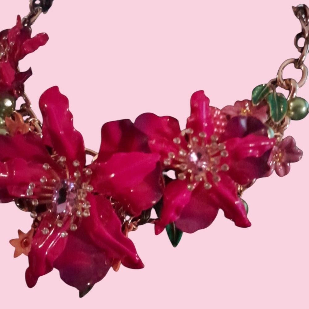 BETSEY JOHNSON SET Pink & Purple Ombré Orchid Earrings Necklace & Ring NEW NWT - Picture 15 of 16